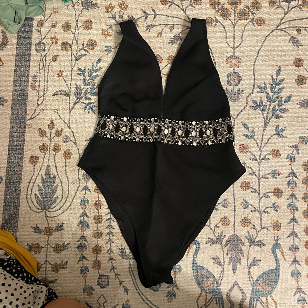 Black Plunging One Piece with Metallic Waist Detail